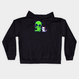 Cute Alien With Cute Cat Alien Cartoon Kids Hoodie